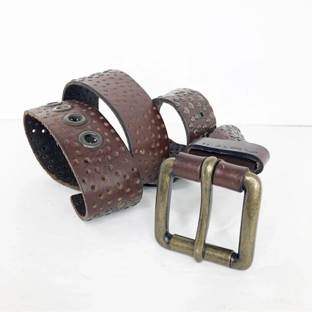 Brown leather, eyelet, studded, chunky hardware belt